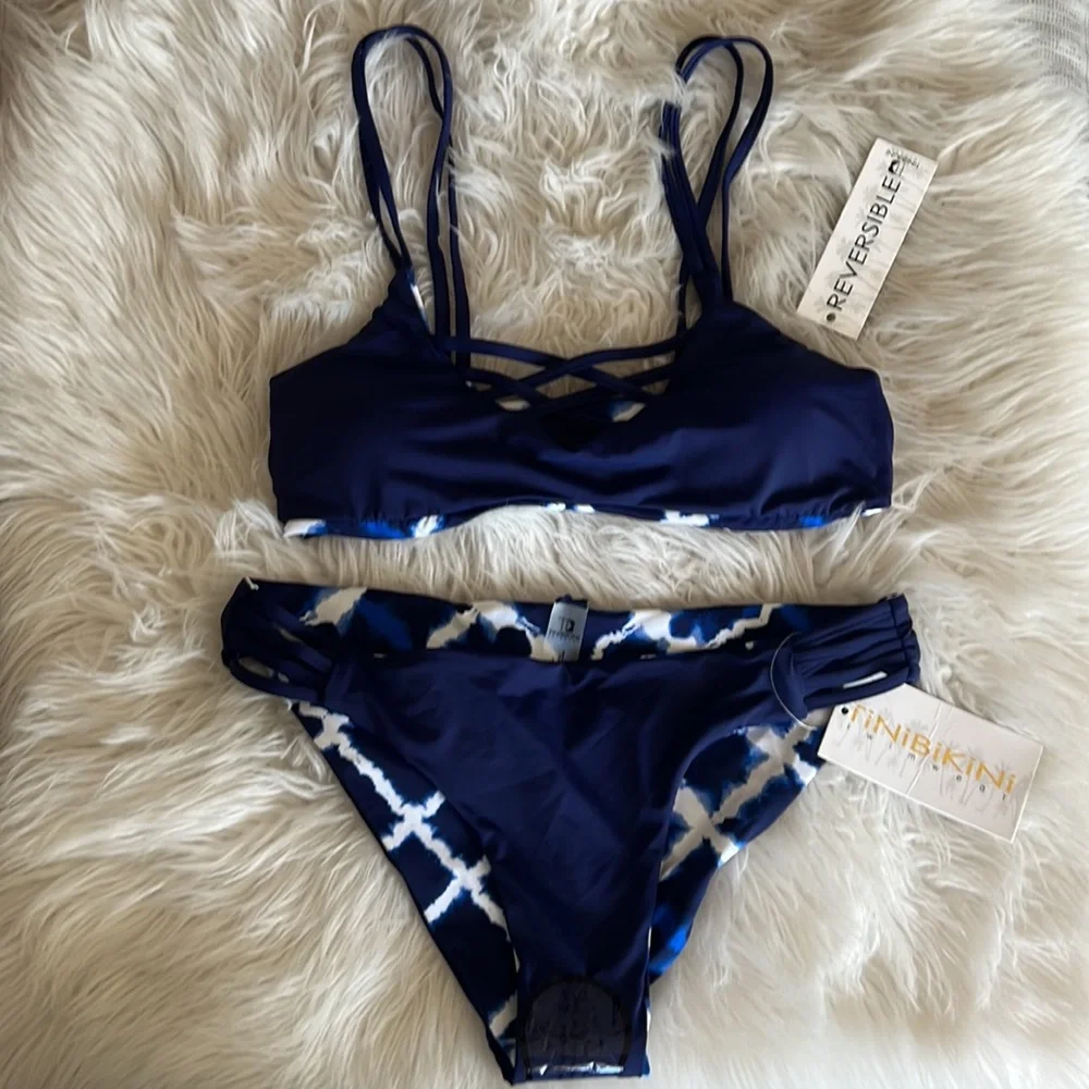 Tinibikini navy blue & white reversible bikini - Picture 3 of 5